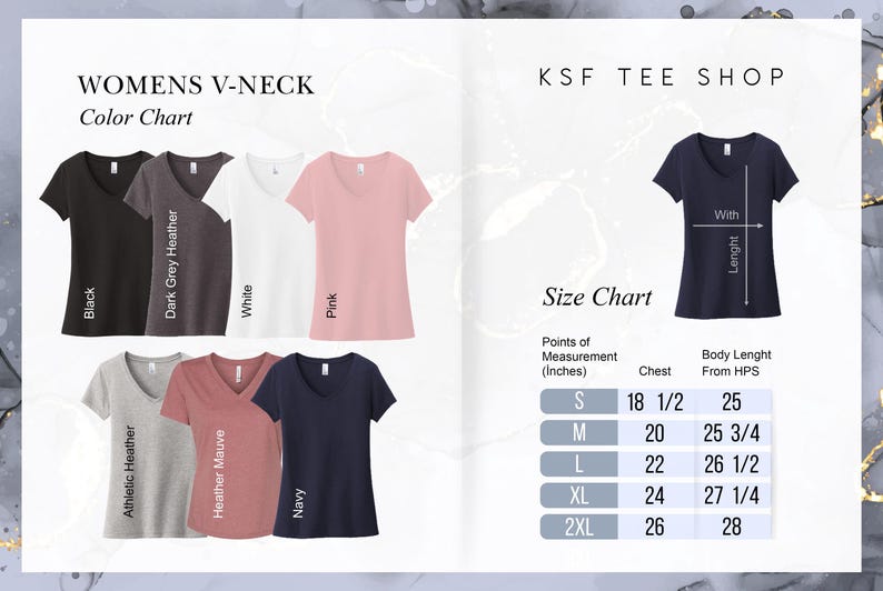 May include: Color chart for women's V-neck t-shirts. Colors include black, dark grey heather, white, pink, athletic heather, heather mauve, and navy. Size chart shows chest and body length measurements in inches for sizes S to 2XL.