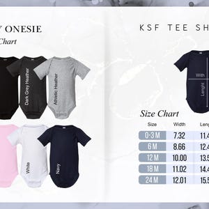 May include: A color chart for baby onesies, featuring black, dark grey heather, athletic heather, pink, white, and navy onesies. The image also includes a size chart with measurements in inches for width and length.