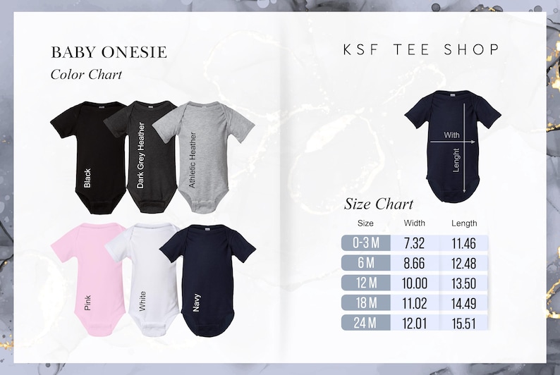 May include: A color chart for baby onesies, featuring black, dark grey heather, athletic heather, pink, white, and navy onesies. The image also includes a size chart with measurements in inches for width and length.