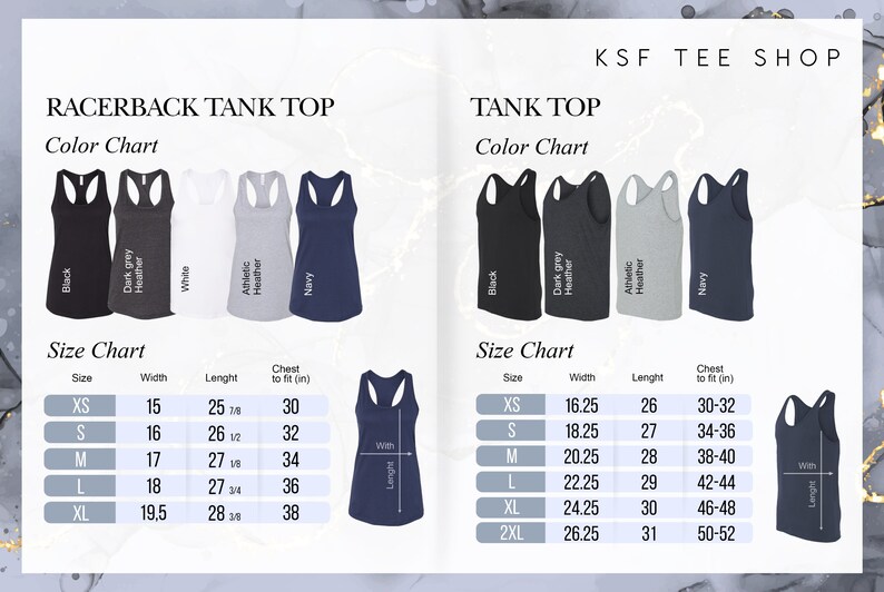 May include: Size chart for racerback tank tops and tank tops. The chart shows the width, length, and chest to fit measurements in inches for sizes XS to 2XL. The colour chart shows the available colours: black, dark grey heather, white, athletic heather, and navy.