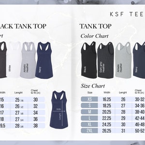 May include: Size chart for racerback tank tops and tank tops. The chart shows the width, length, and chest to fit measurements in inches for sizes XS to 2XL. The color chart shows the available colors: black, dark grey heather, white, athletic heather, and navy.