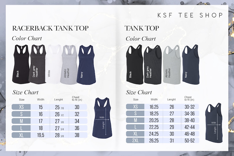 May include: Size chart for racerback tank tops and tank tops. The chart shows the width, length, and chest to fit measurements in inches for sizes XS to 2XL. The color chart shows the available colors: black, dark grey heather, white, athletic heather, and navy.