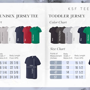 May include: Size chart for youth unisex and toddler jersey t-shirts. The chart shows measurements in inches for different sizes, including body width, body length, and age. The chart is labeled with the text "Youth Unisex Jersey Tee" and "Toddler Jersey".