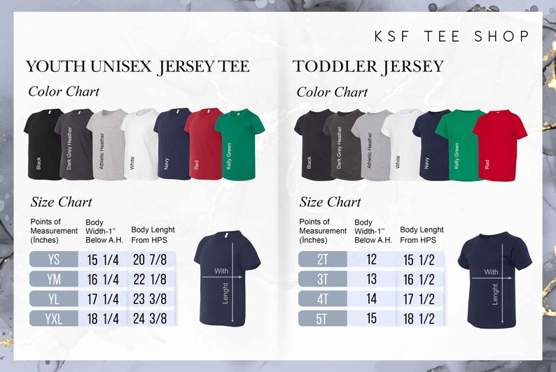 May include: Size chart for youth unisex and toddler jersey t-shirts. The chart shows measurements in inches for different sizes, including body width, body length, and age. The chart is labeled with the text "Youth Unisex Jersey Tee" and "Toddler Jersey".