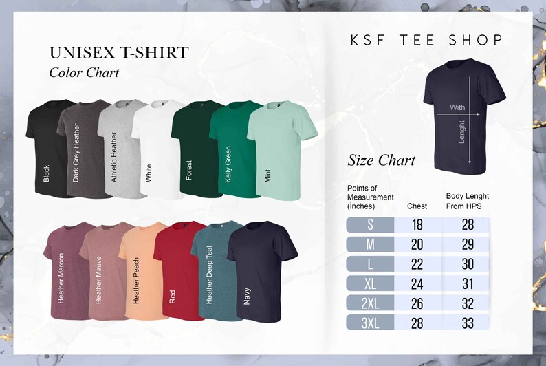 May include: Unisex t-shirt colour chart with 12 different colours, including black, white, red, navy, and green. Size chart with chest and body length measurements in inches.