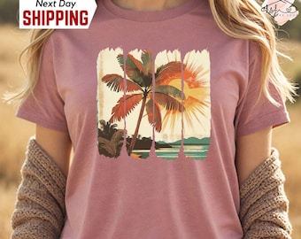 Chemise rétro palmier coucher de soleil - T-shirt tropical pour vacances d'été