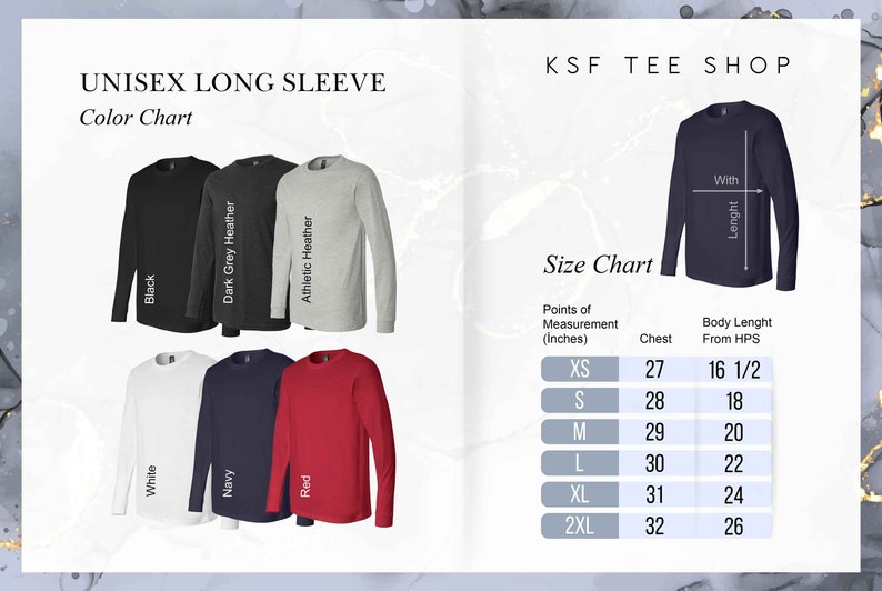 May include: Unisex long-sleeve t-shirt color chart with six different colors: black, dark grey heather, athletic heather, white, navy, and red. Size chart with measurements in inches for chest and body length from hips.