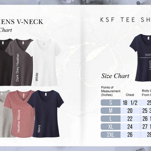 May include: A size chart for women's v-neck t-shirts. The chart shows the chest and body length measurements in inches for sizes S, M, L, XL, and 2XL. The chart also includes a visual representation of the measurements on a navy blue t-shirt.