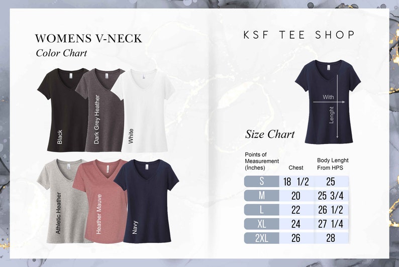 May include: A size chart for women's v-neck t-shirts. The chart shows the chest and body length measurements in inches for sizes S, M, L, XL, and 2XL. The chart also includes a visual representation of the measurements on a navy blue t-shirt.