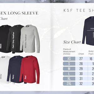 May include: Unisex long-sleeve t-shirt color chart with six different colors: black, dark grey heather, athletic heather, white, navy, and red. Size chart with chest and body length measurements in inches.
