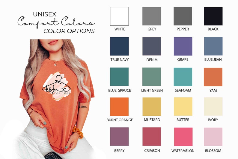 May include: An orange unisex t-shirt with a graphic design and the text "asfe tee shop". The image also displays a color chart with various options, including white, grey, black, and other colors.