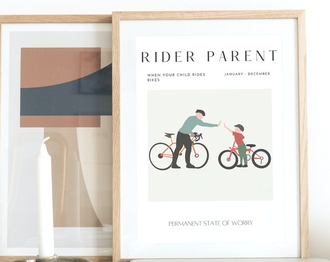 Father & Son Bike Print 'Permanent state of worry' | MTB Stunt Rider Artwork | Trails Downhill Mountain cyclist | Mum Dad Gifts Poster