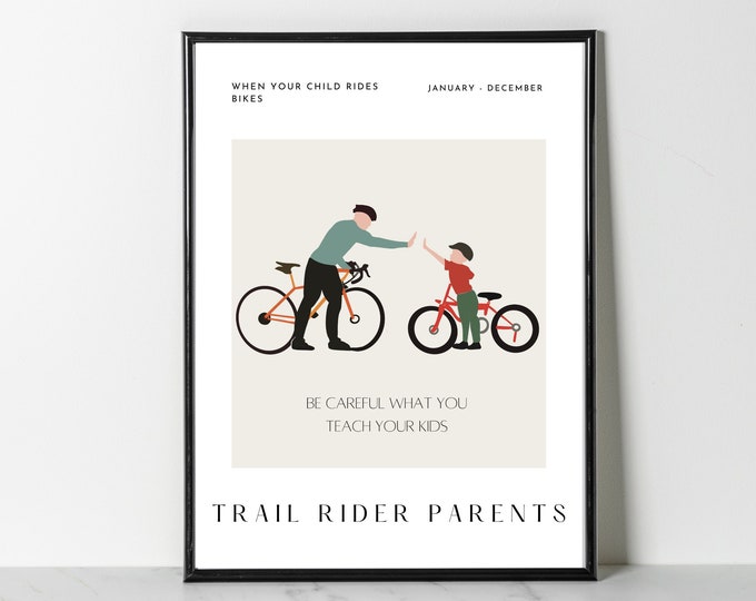 Trail Rider Parents Bike Art Print | Father and Son Riding a bike Artwork Drawing | Learn to ride wall art | Dad Cyclist Poster Cycling Gift