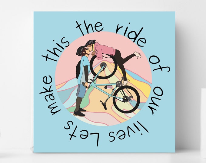 Couples Cyclist Wedding or Engagement Art Print Gift, Mountain Bike Lovers MTB Picture Illustration - Home Decor