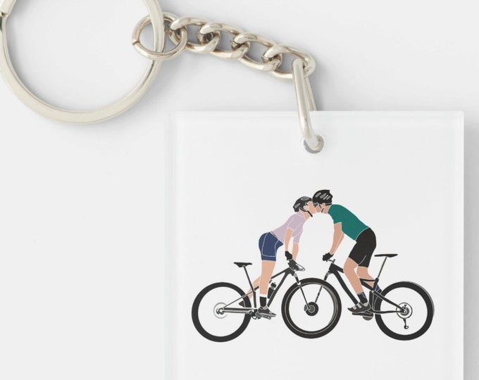 Love Couples Cyclist Keyring Gift | Mountain Bike Gifts | Acrylic Square Key Chain Ride of our Lives Wedding Engagement Romantic cycling art