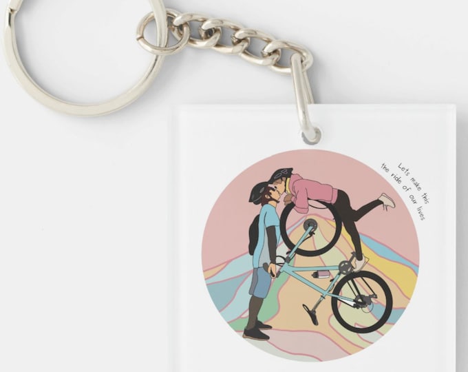 Love Couples Cyclist Keyring Gift | Mountain Bike Gifts | Acrylic Square Key Chain Ride of our Lives Wedding Engagement Romantic cycling art