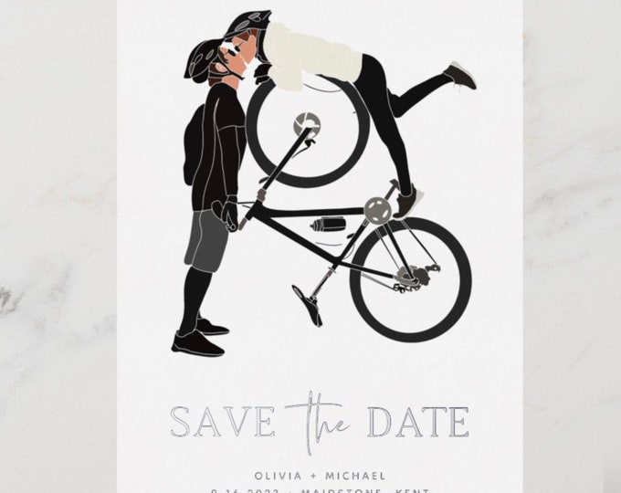 Bride and Groom Cycling Foil Save Our Date Wedding, Save The Date Cards, Bikes Picture Cyclist  Wedding Cards With Envelopes, Kissing Couple
