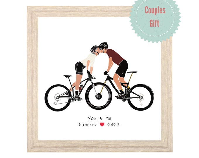 Personalised Cyclists Couples Keepsake Art Print | Love Cycling Together MTB Picture Gift | Customised Memorable Date Mountain Bikes Poster