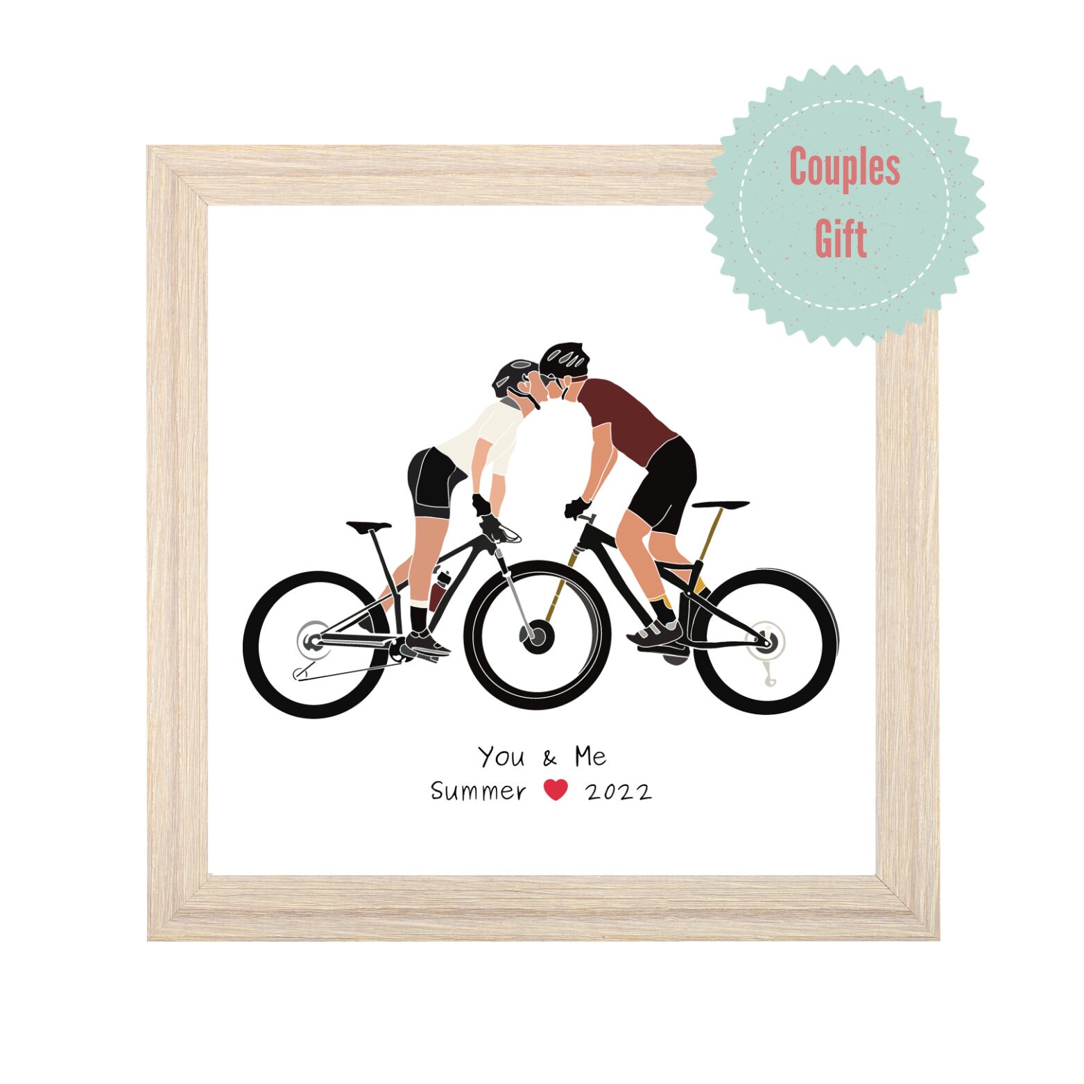 Gepersonaliseerde fietsers paren Keepsake Art Print | Love Cycling Together MTB-fotocadeau | Aangepaste poster met gedenkwaardige datum mountainbikes