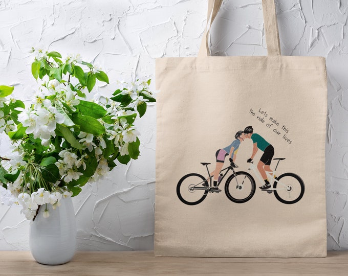 Love Couples Cycle Tote Bag Gift | Cycling Present for Bike Riders | Love Riding Mountain Bike Artwork