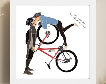 Romantic Cycling Couple Art Print - Unique Wedding Gift, Home Decor, Wall Art - Personalised Present for Mountain, Gravel & Road Bike Lovers