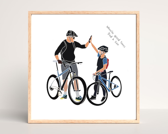 Custom Father and Son Cycling Art Print - Personalized Mountain Bike Enthusiast Gift for Dad - Love Bikes Wall Decor
