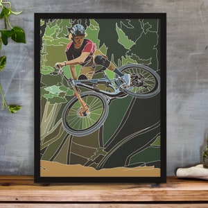 Impresión de arte de bicicleta MTB cuesta abajo con marco de madera / Imagen de cartel de ciclista de Bernard Kerr / Decoración de pared de ciclismo de aventura / Regalo para entusiastas de los motociclistas
