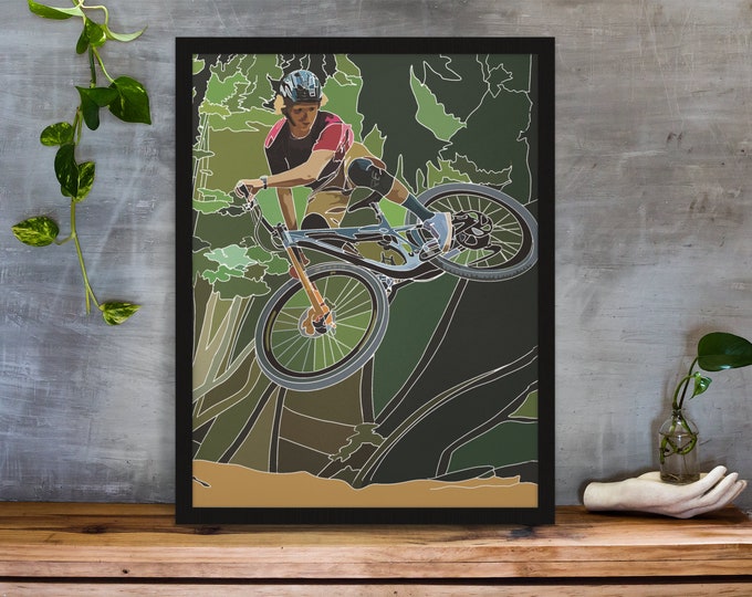 Wooden Framed Downhill MTB Bike Art Print | Bernard Kerr Cyclist Poster Picture | Adventure Cycling Wall Decor | Gift for Biker Enthusiasts