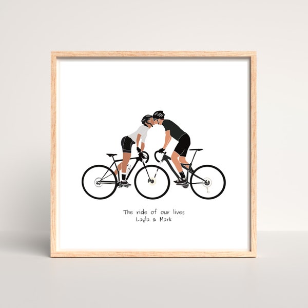 Couples cyclistes sur route Date mémorable Art Print | Photo personnalisée de vélos de route | Ses et ses cavaliers | Cadeau de cyclisme romantique