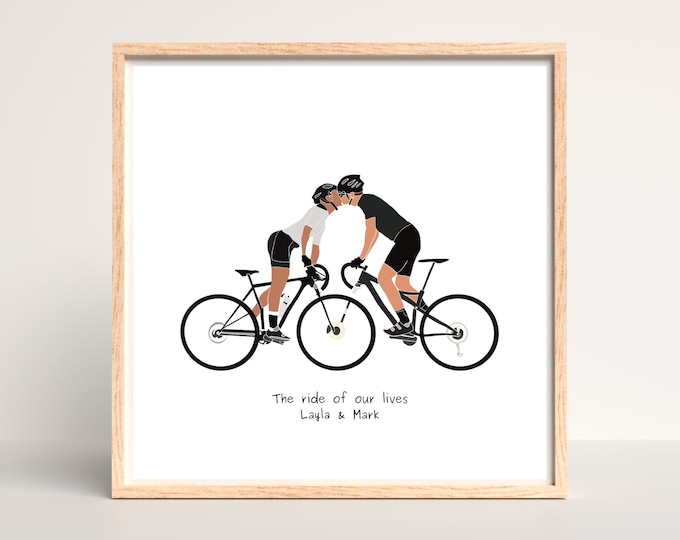 Couples Road Cyclists Memorable Date Art Print | Personalised Road Bikes Picture | His and Hers Riders Artwork | Romantic Cycling Gift