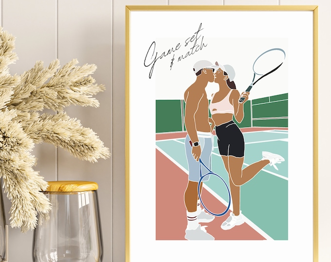 Tennis Couple Art Print - Personalised Wimbledon Players Picture Artwork, Wedding, Engagement, Anniversary Tennis Court Wall and Home Decor