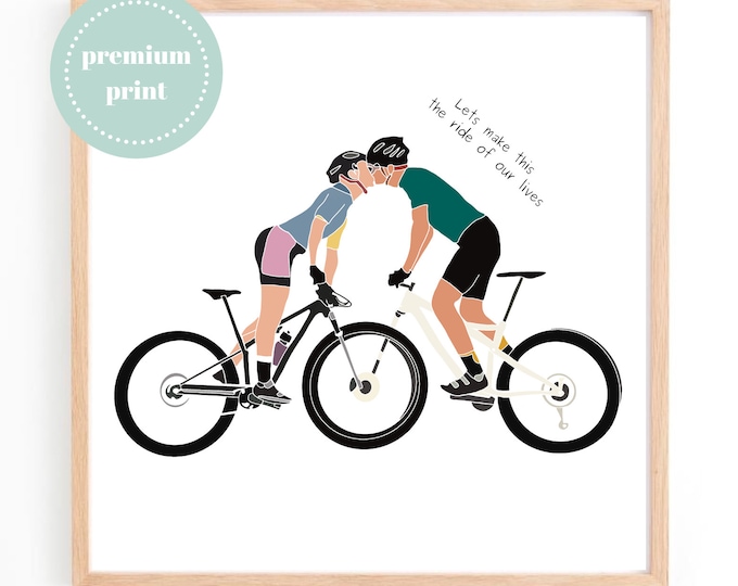 Couples Love Bikes Cycling Framed Art Print Gifts | Ready to Hang MTB Art Picture | Gravel Road Mountain Bike themed Cyclist Poster Artwork
