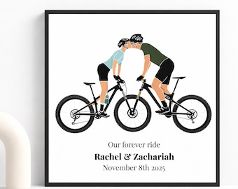 Personalized Mountain Bike Couple Portrait, Custom Cycling Art Print, Anniversary Gift for Cyclists