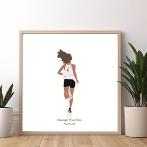 Peut inclure: Illustration numérique d'une personne courant en débardeur blanc, short noir et chaussures de course. La personne court vers la droite de l'image. Le texte "Chicago Marathon 17.04.23" est en bas de l'image.