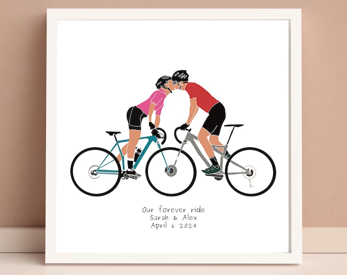 Personalised Couples Love Bikes Road Cyclist Art Print Custom Bike Riders Present, Romantic Cycle Wedding Anniversary Engagement UCI Artwork