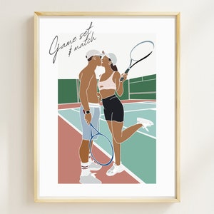 Tennis Paar Kunstdruck - Personalisierte Wimbledon Spieler Bild Kunstwerk, Hochzeit, Verlobung, Jubiläum Tennisplatz Wand und Wohndekor