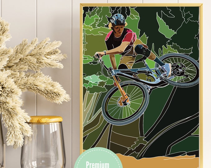 Wooden Framed Downhill Bike Racer MTB Bike Art Print | Bernard Kerr Cyclist Poster Picture | Stunt Cycling Wall Decor | Biker themed Gift