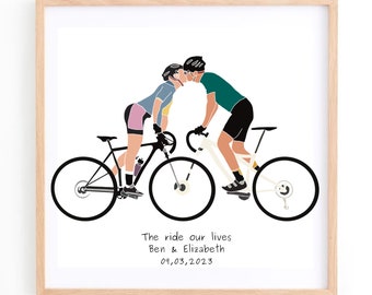 Love Road Cycling, Couples Personalised Road Bike Art Print, Custom Cycle Picture Gift, Road Cyclist Bicycle Home Wall Decor