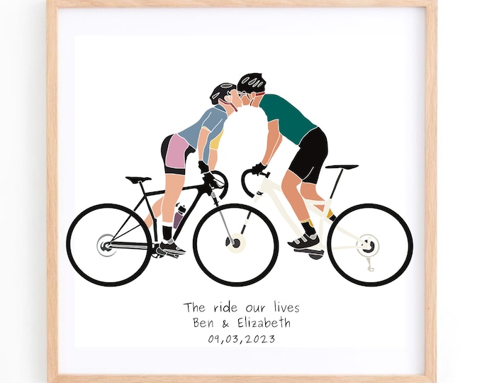 Love Road Cycling, Couples Personalised Road Bike Art Print, Custom Cycle Picture Gift, Road Cyclist Bicycle Home Wall Decor
