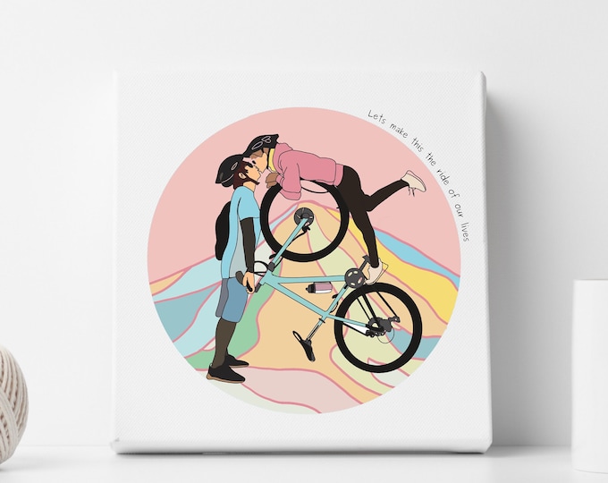 His and Hers Cycling, Wedding,Engagement, Kissing Couple Love Bikes Gifts, Cyclists, Mountain Bike Artwork Picture, Art Print Canvas Present
