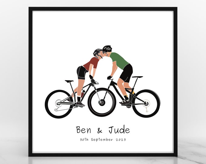 Personalised Couples Love Bikes Cyclist Art Print | Custom Bike Riders Present | Romantic Cycle Wedding Anniversary Engagement Artwork