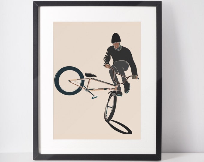BMX Rider Mountain MTB Bike Art Print | Bike Rider Picture Wall Decor | Downhill Trick Cyclist Artwork Poster | Cycling Picture Gifts