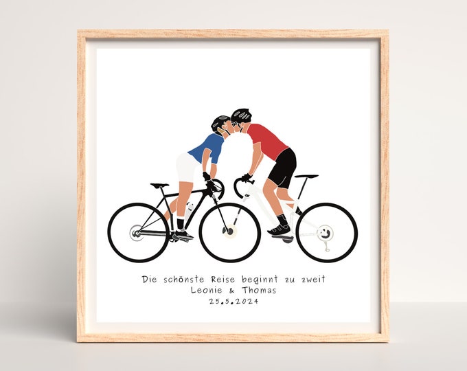 Fully Personalised Couples Love Bikes Road Cyclist Art Print, Custom Riders Present, Romantic Cycling Memory, Engagement Wedding UCI Artwork