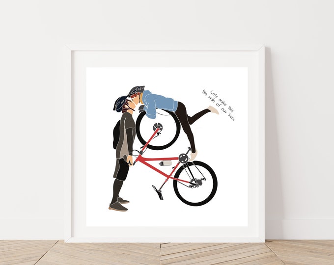 Couples Cyclists Wedding Gift | Love Mountain Bikes Art Print 'Lets make this the ride of our lives' Anniversary Wedding Engagement Present