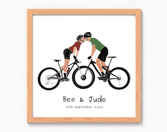 Personalised Couples Love Bikes Cyclist Art Print | Custom Bike Riders Present | Romantic Cycle Wedding Anniversary Engagement Artwork