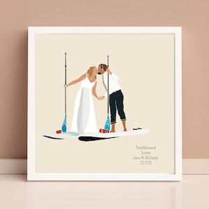 Impresión personalizada de arte de Lovebirds de Paddleboarding - Regalo de boda único para entusiastas del SUP - Póster de imagen cuadrada de decoración costera personalizada para el hogar