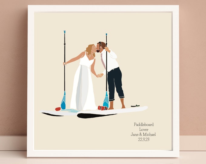 Personalised Paddleboarding Lovebirds Art Print - Unique Wedding Gift for SUP Enthusiasts - Custom Coastal Home Decor Square Picture Poster