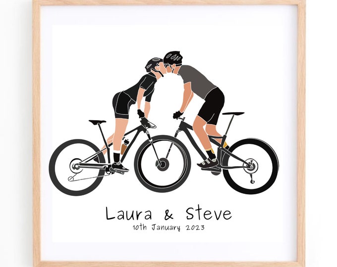 His & Hers Couples Bike Art Print, Bride and Groom Personalised Gifts, Cyclist Wedding Picture Gift, Home Decor, Wall Decor, Canvas Artwork