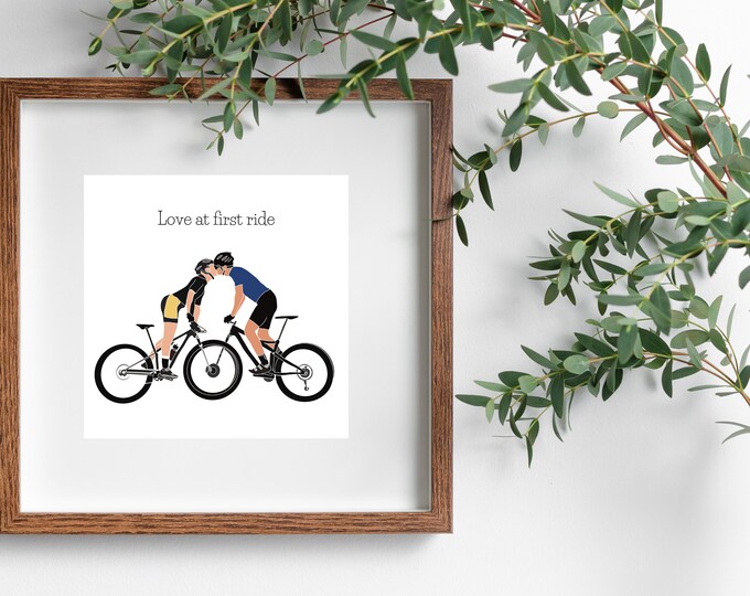 Mountain Bike Art Picture, Couples Cycling Cyclist Art Print Gifts | Bike Poster Romantic Personalised MTB Celebration Canvas Print Artwork