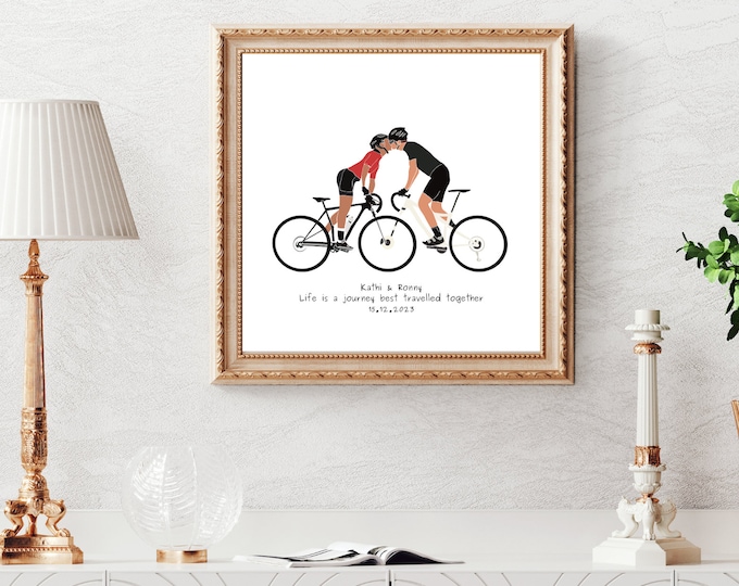Fully Personalised Couples Love Bikes Road Cyclist Art Print, Custom Riders Present, Romantic Cycling Memory, Engagement Wedding UCI Artwork